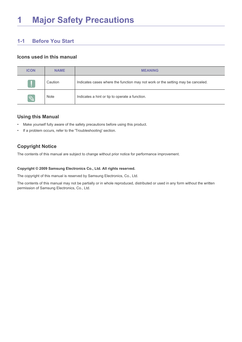 1 major safety precautions, 1 before you start, Major safety precautions | Before you start -1, 1major safety precautions | Samsung SP-L331 User Manual | Page 3 / 78