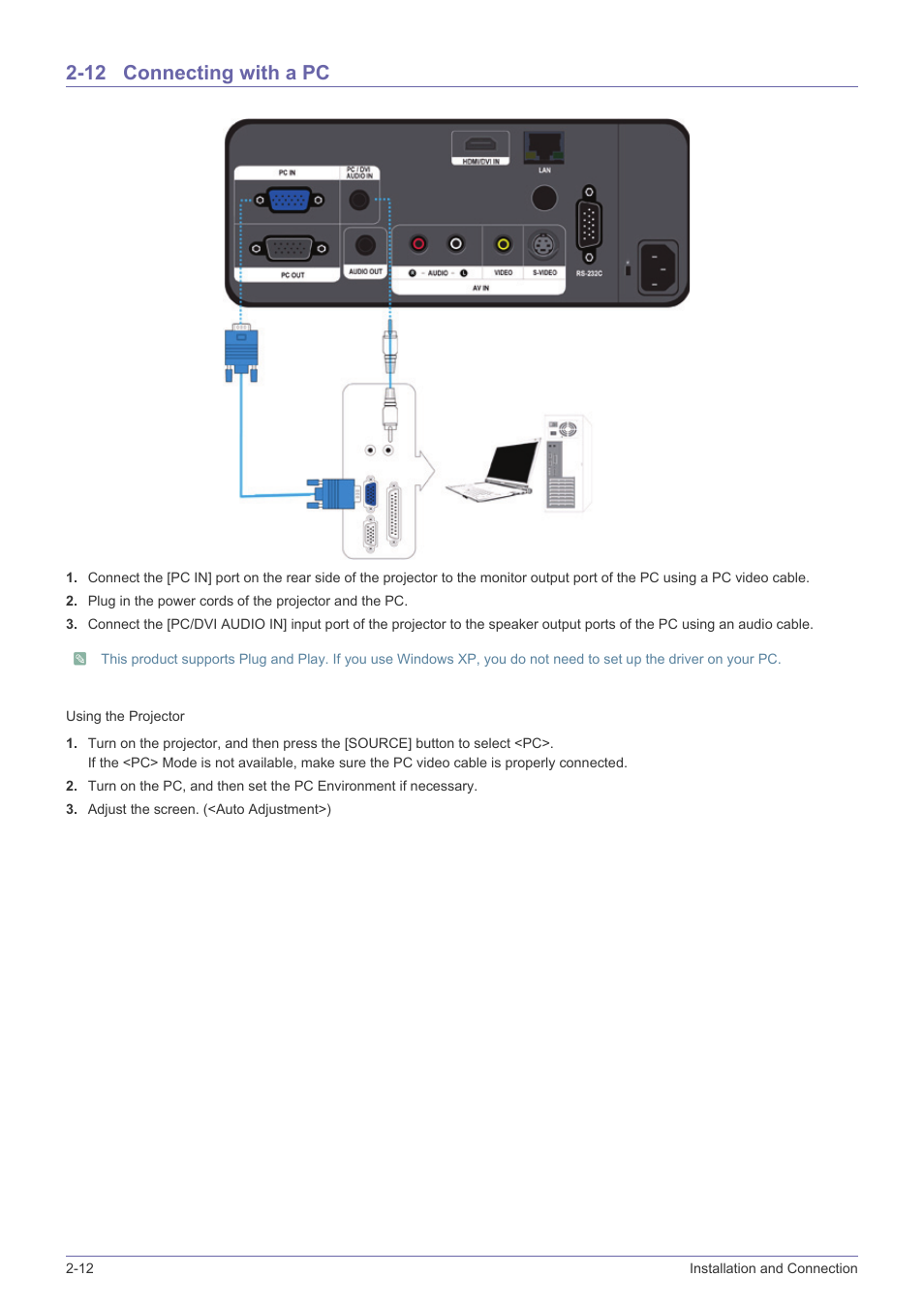 12 connecting with a pc, Connecting with a pc -12 | Samsung SP-L331 User Manual | Page 30 / 78