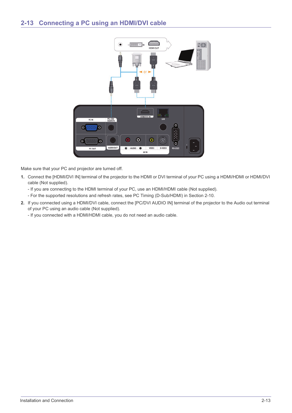 13 connecting a pc using an hdmi/dvi cable, Connecting a pc using an hdmi/dvi cable -13 | Samsung SP-L331 User Manual | Page 31 / 78