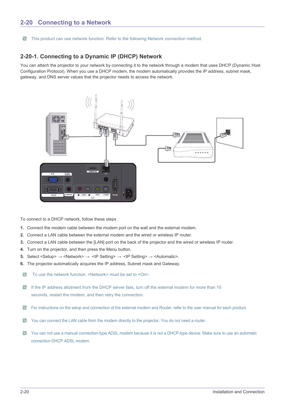 20 connecting to a network, Connecting to a network -20, 20-1. connecting to a dynamic ip (dhcp) network | 20 installation and connection | Samsung SP-L331 User Manual | Page 38 / 78