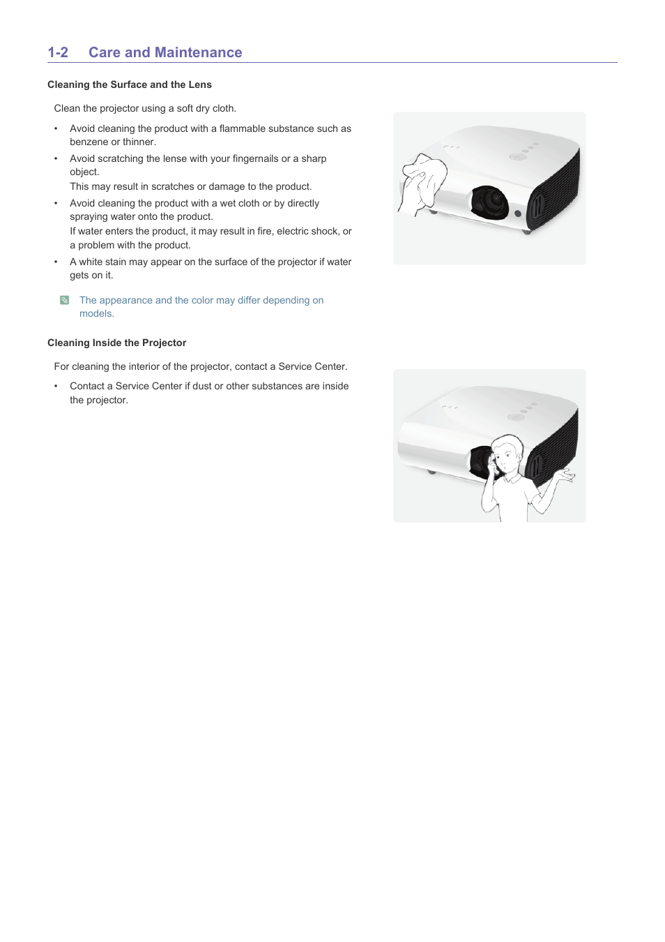 2 care and maintenance, Care and maintenance -2 | Samsung SP-L331 User Manual | Page 4 / 78