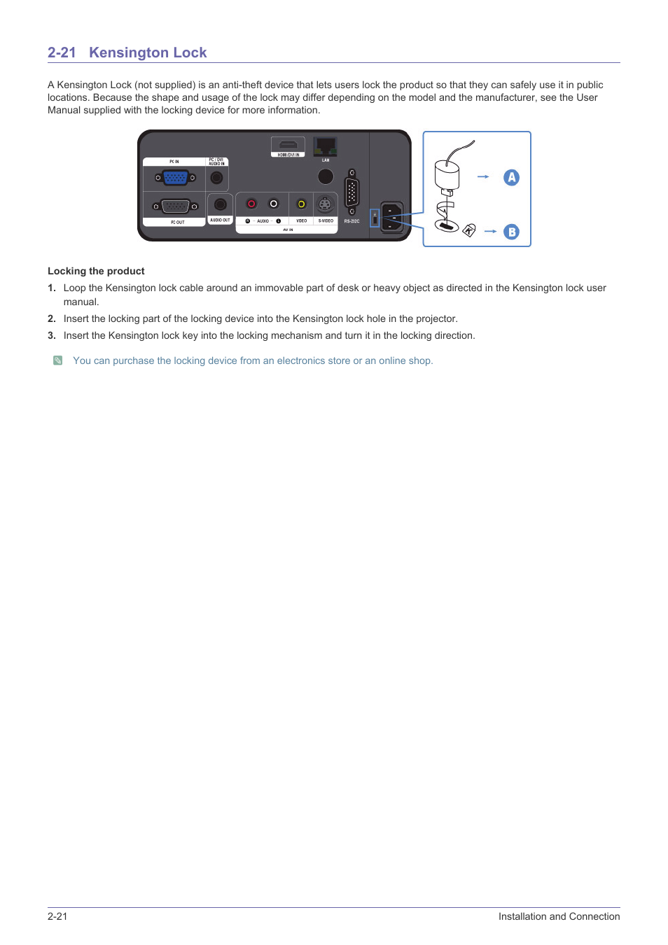 21 kensington lock, Kensington lock -21 | Samsung SP-L331 User Manual | Page 40 / 78