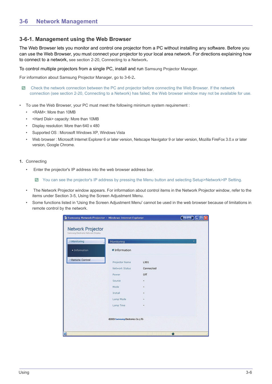 6 network management, Network management -6, 6-1. management using the web browser | Samsung SP-L331 User Manual | Page 53 / 78