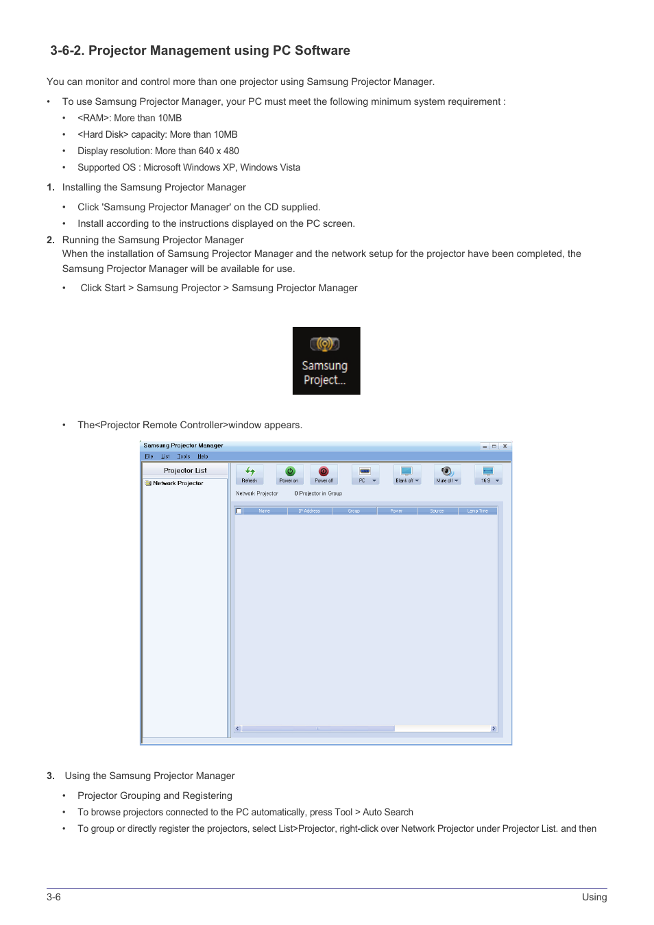 6-2. projector management using pc software | Samsung SP-L331 User Manual | Page 54 / 78
