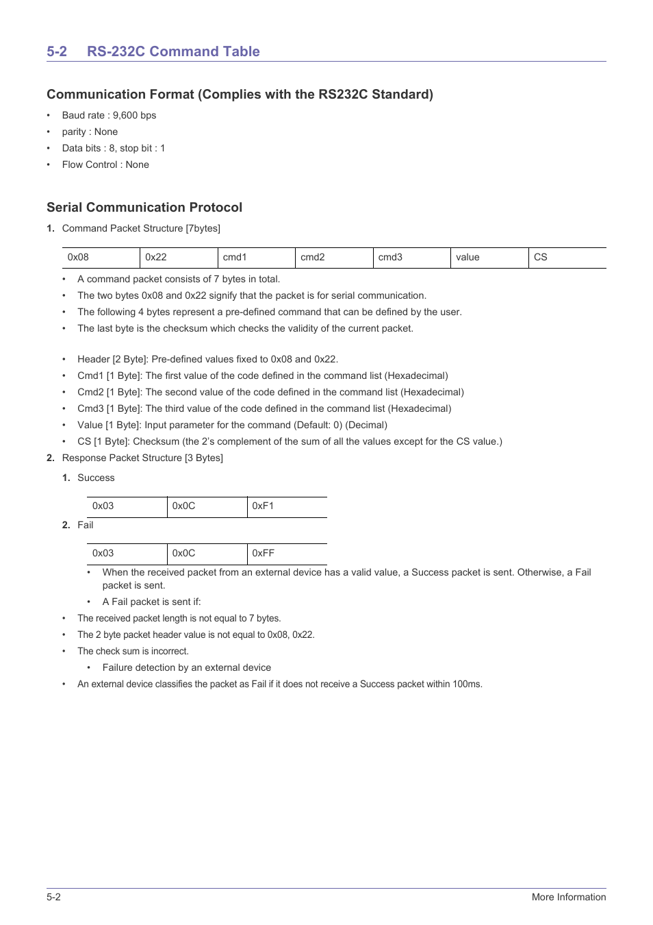 2 rs-232c command table, Rs-232c command table -2, Serial communication protocol | Samsung SP-L331 User Manual | Page 66 / 78