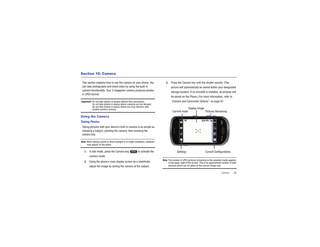 Section 10: camera, Using the camera | Samsung Eternity II SGH-A597 User Manual | Page 101 / 199