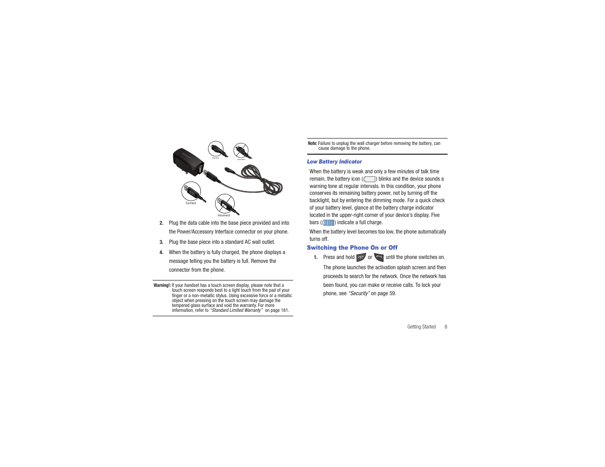 Switching the phone on or off, Da ta link cable | Samsung Eternity II SGH-A597 User Manual | Page 13 / 199