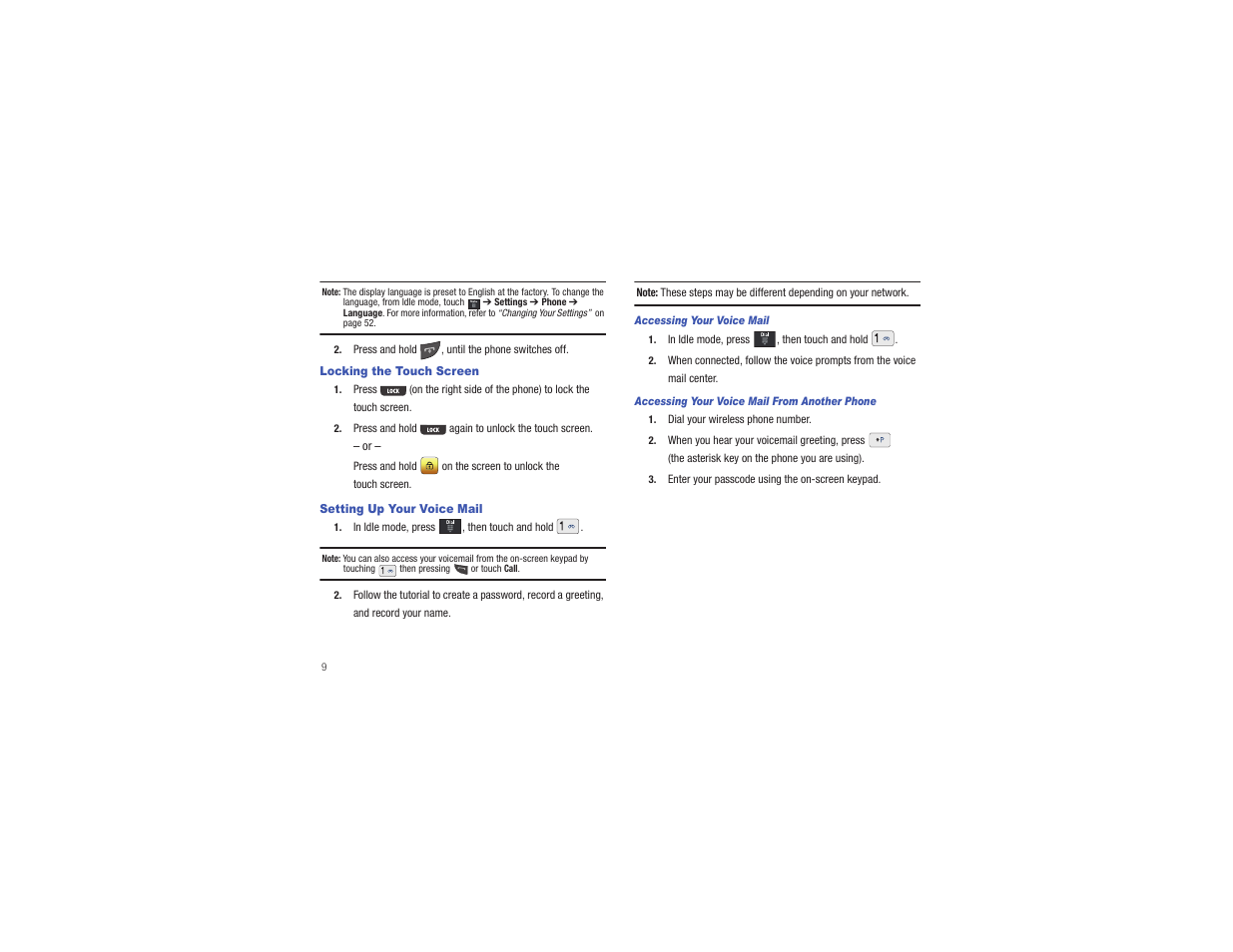 Locking the touch screen, Setting up your voice mail | Samsung Eternity II SGH-A597 User Manual | Page 14 / 199