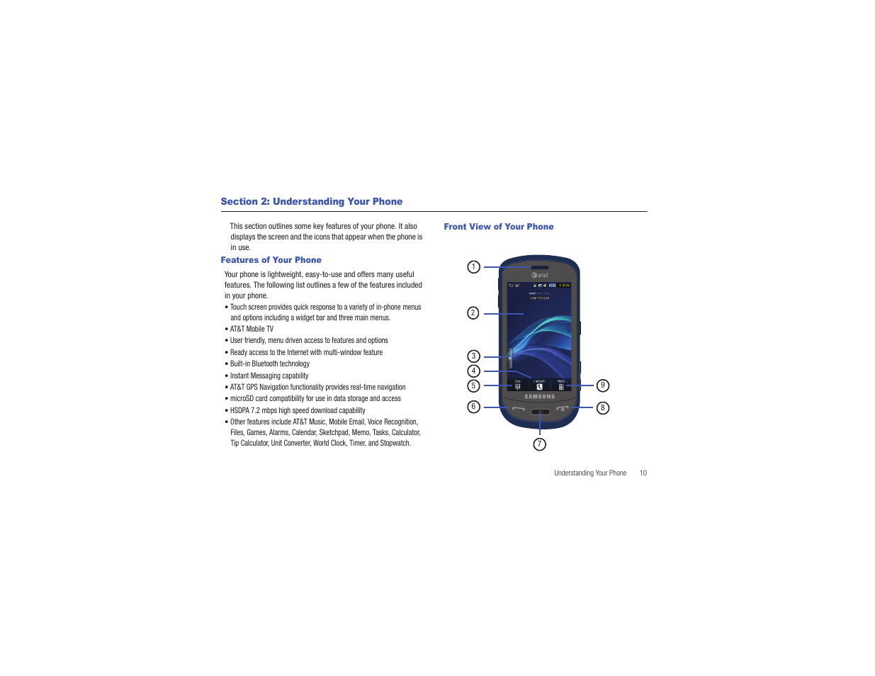 Section 2: understanding your phone, Features of your phone, Front view of your phone | Features of your phone front view of your phone | Samsung Eternity II SGH-A597 User Manual | Page 15 / 199