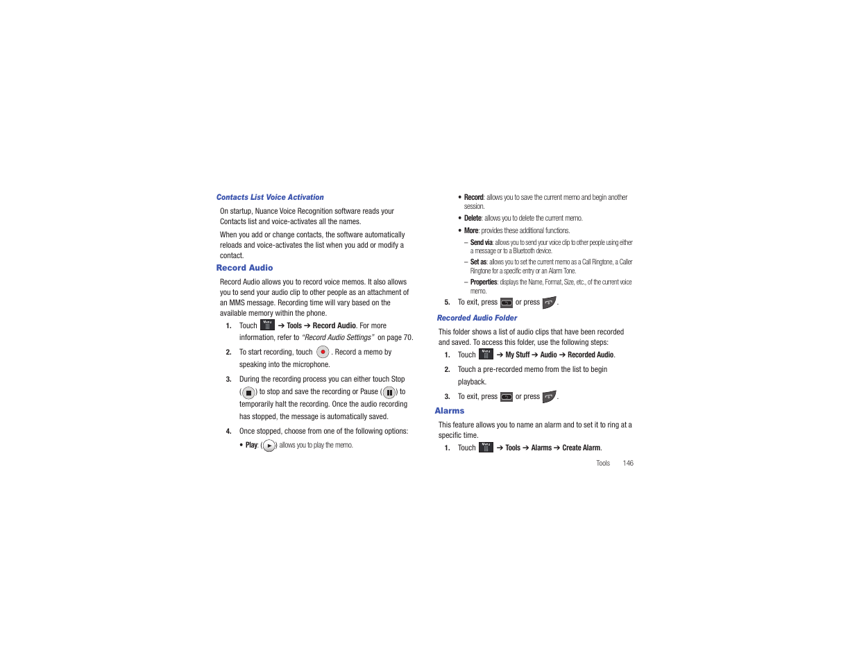 Record audio, Alarms, Record audio alarms | Samsung Eternity II SGH-A597 User Manual | Page 151 / 199
