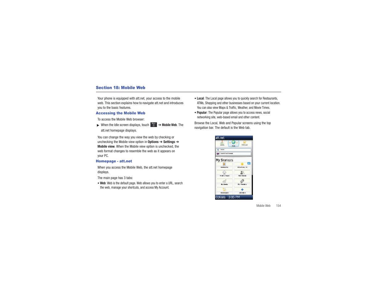 Section 18: mobile web, Accessing the mobile web | Samsung Eternity II SGH-A597 User Manual | Page 159 / 199