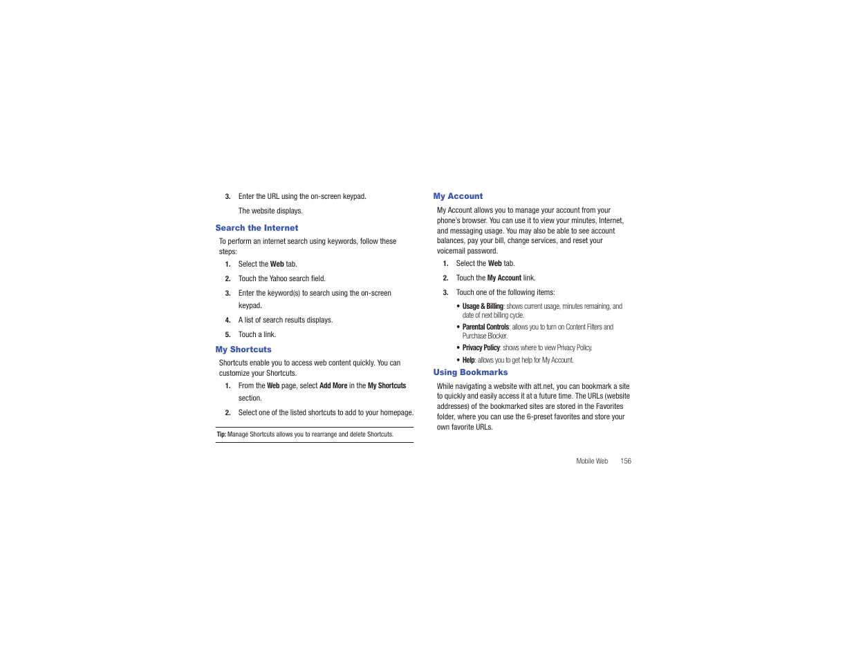 Search the internet, My shortcuts, My account | Using bookmarks | Samsung Eternity II SGH-A597 User Manual | Page 161 / 199