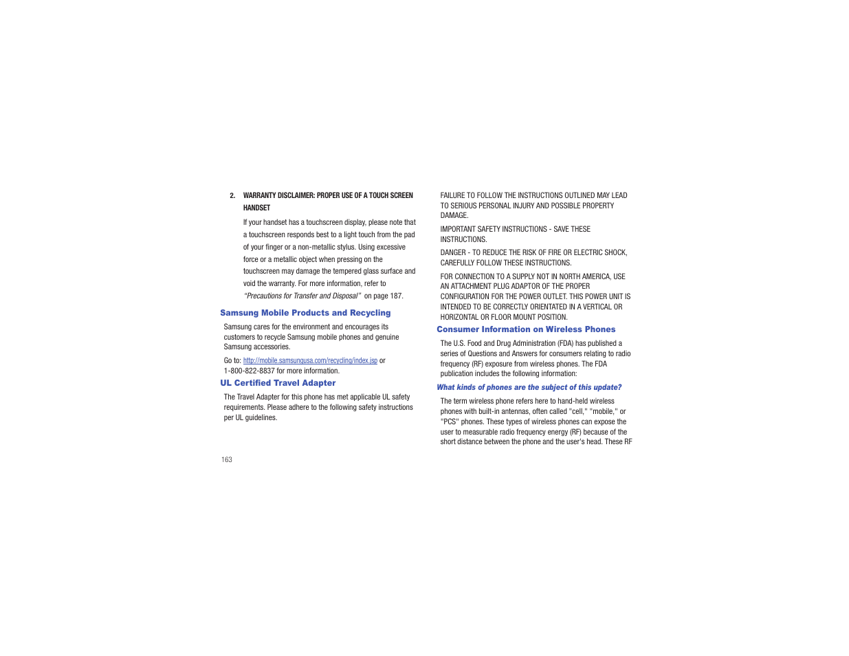 Samsung mobile products and recycling, Ul certified travel adapter, Consumer information on wireless phones | Samsung Eternity II SGH-A597 User Manual | Page 168 / 199