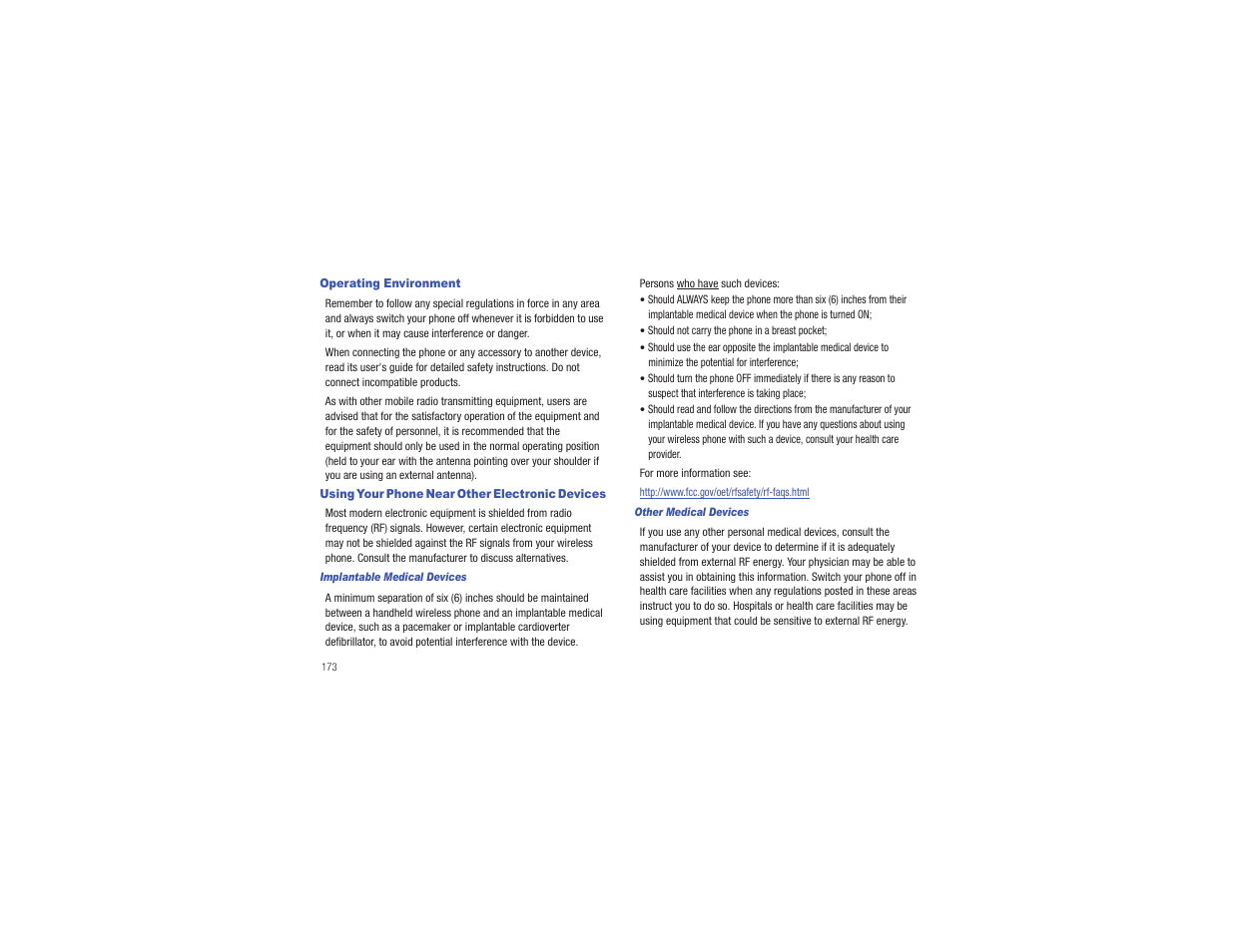Operating environment, Using your phone near other electronic devices | Samsung Eternity II SGH-A597 User Manual | Page 178 / 199