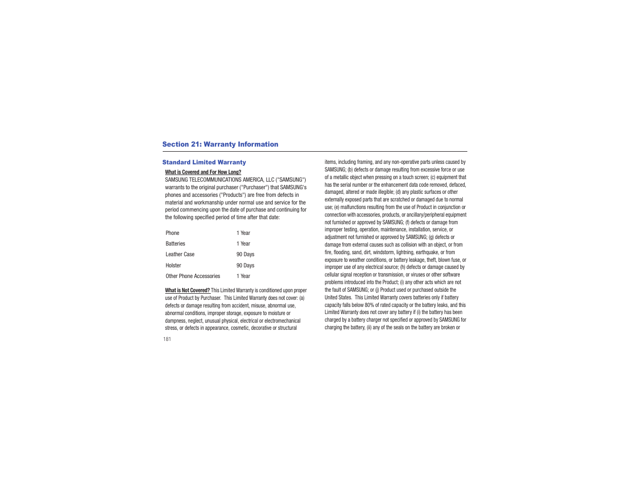 Section 21: warranty information, Standard limited warranty | Samsung Eternity II SGH-A597 User Manual | Page 186 / 199