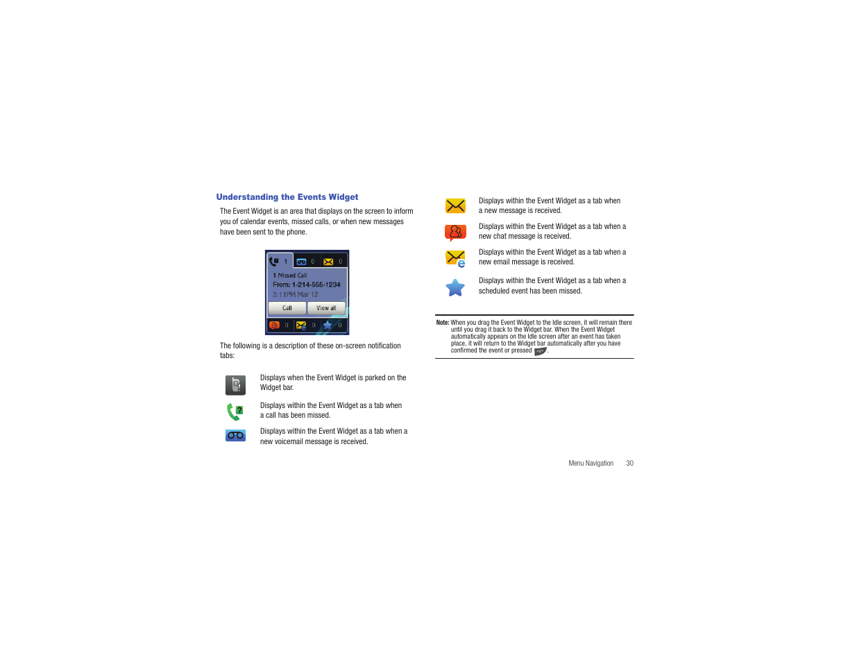 Understanding the events widget | Samsung Eternity II SGH-A597 User Manual | Page 35 / 199