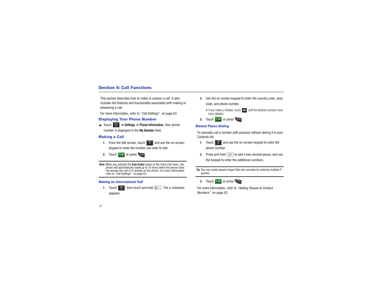 Section 4: call functions, Displaying your phone number, Making a call | Displaying your phone number making a call | Samsung Eternity II SGH-A597 User Manual | Page 36 / 199