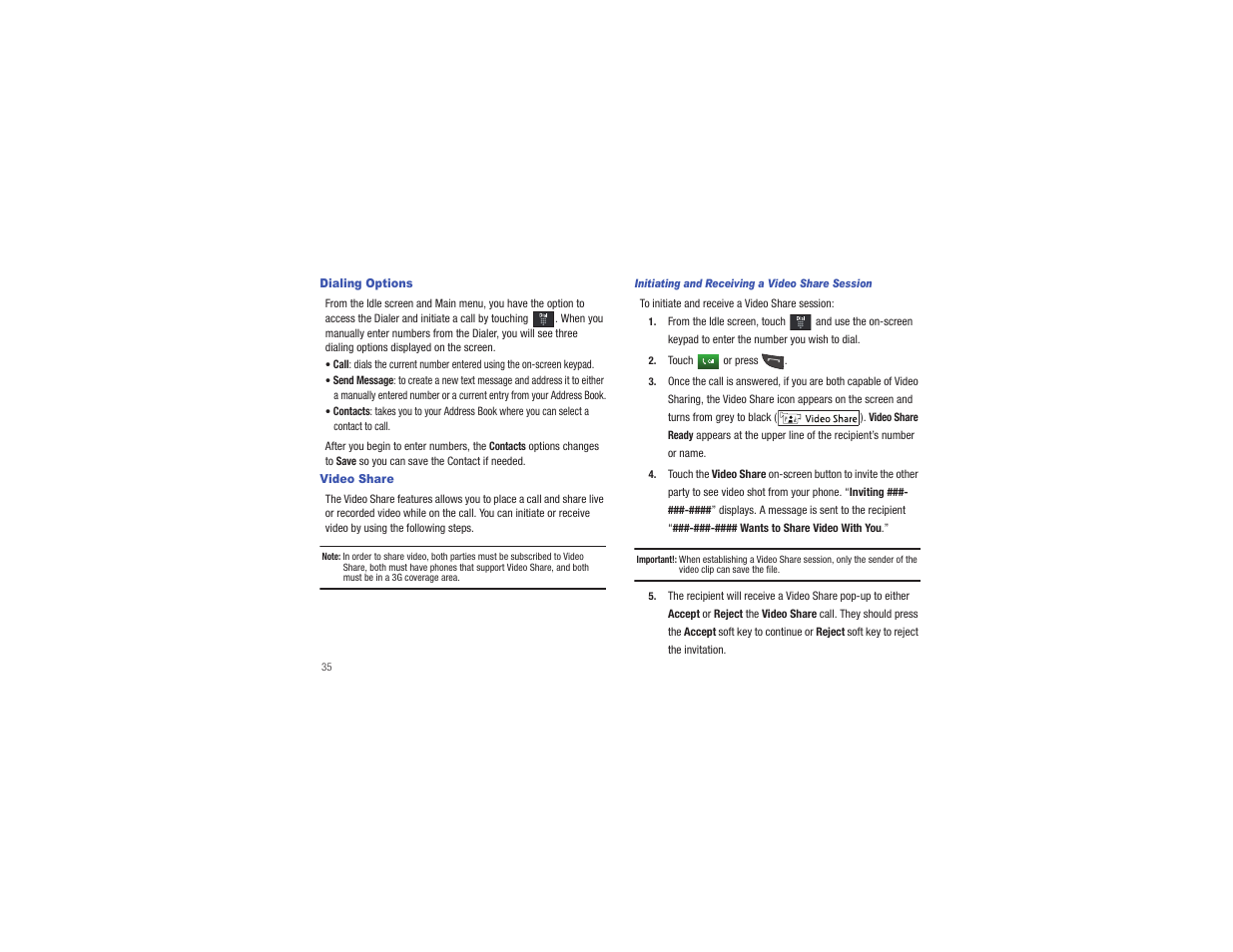 Dialing options, Video share, Dialing options video share | Samsung Eternity II SGH-A597 User Manual | Page 40 / 199