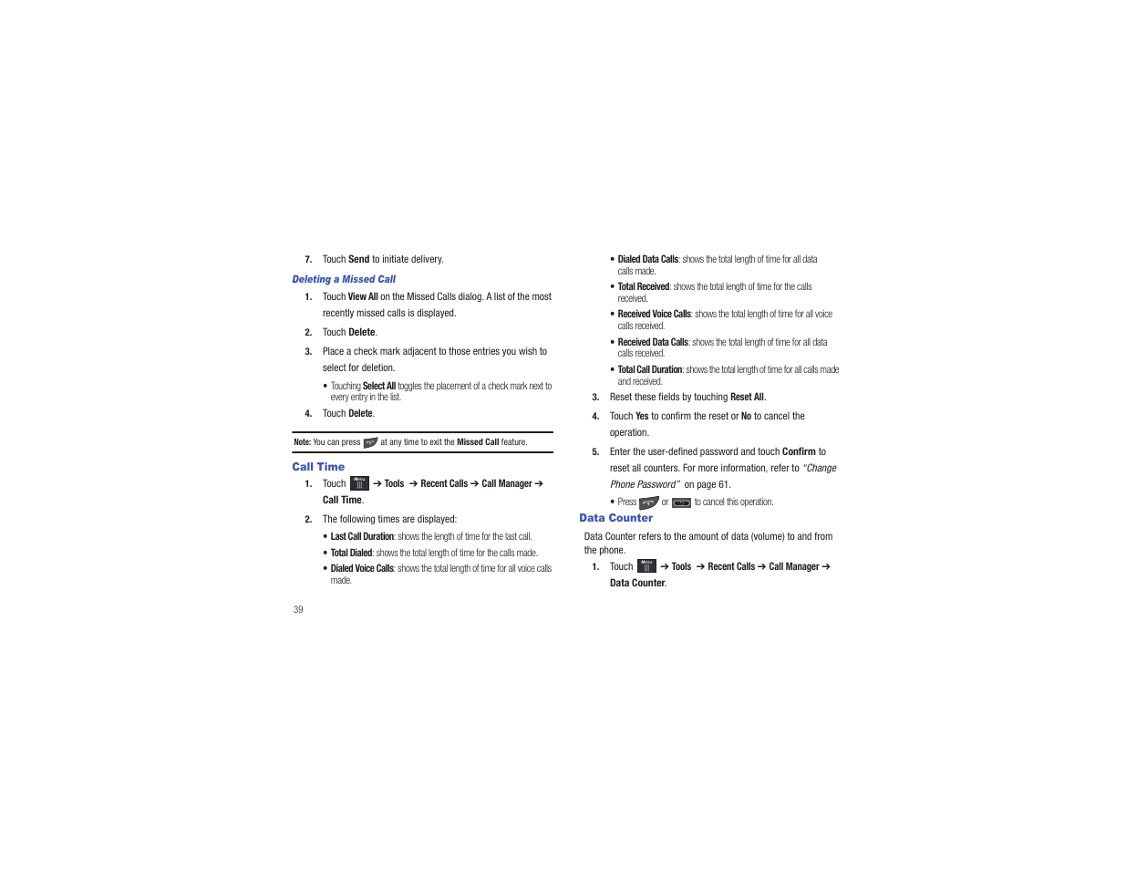 Call time, Data counter, Call time data counter | Samsung Eternity II SGH-A597 User Manual | Page 44 / 199