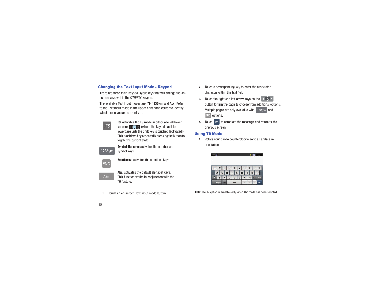 Changing the text input mode - keypad, Using t9 mode | Samsung Eternity II SGH-A597 User Manual | Page 50 / 199