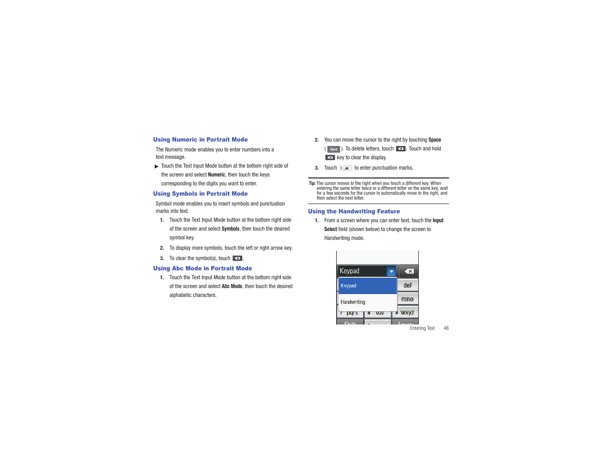 Using numeric in portrait mode, Using symbols in portrait mode, Using abc mode in portrait mode | Using the handwriting feature | Samsung Eternity II SGH-A597 User Manual | Page 53 / 199