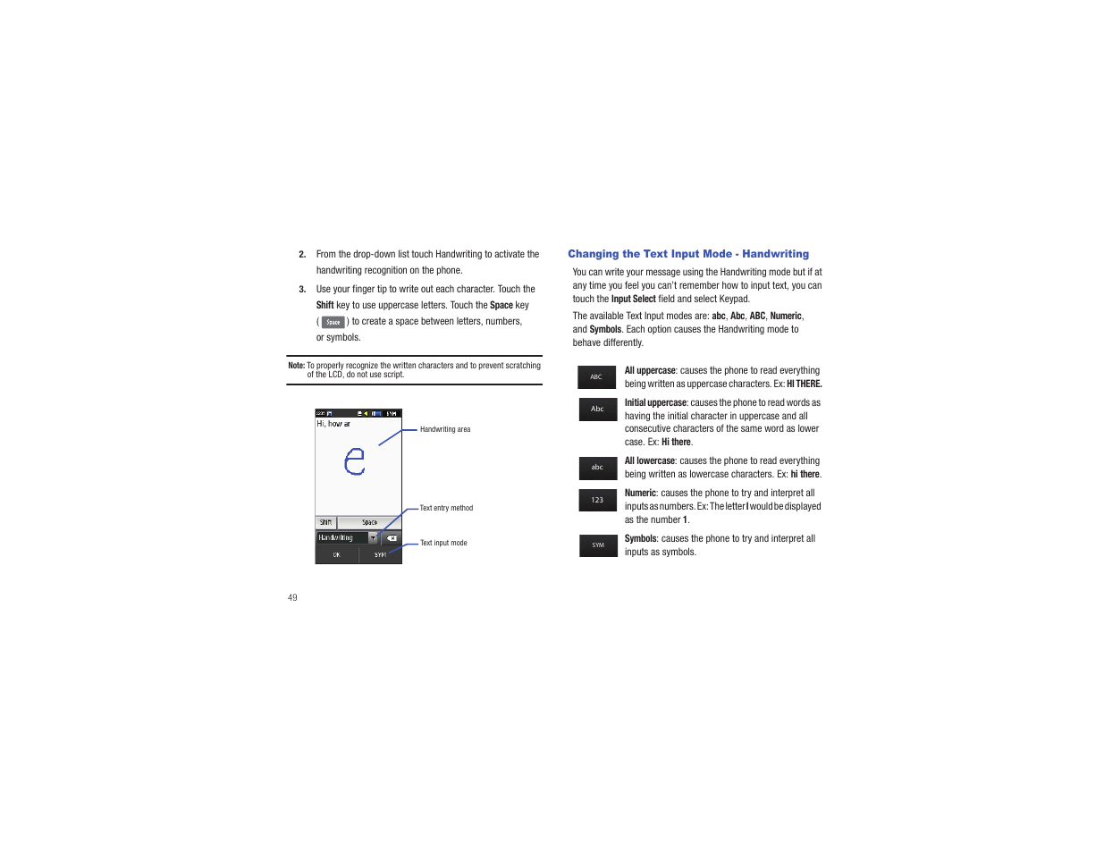 Changing the text input mode - handwriting | Samsung Eternity II SGH-A597 User Manual | Page 54 / 199