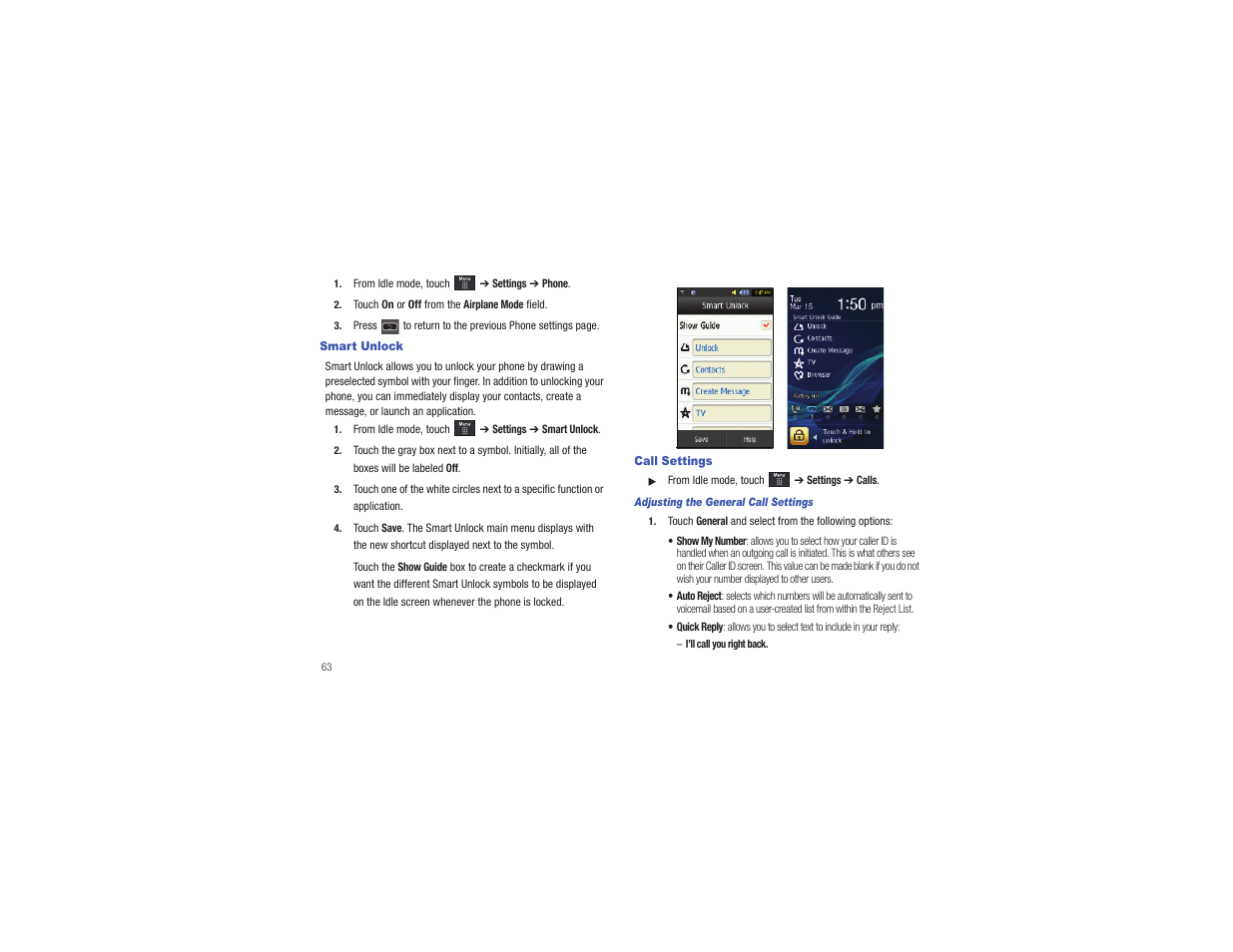 Smart unlock, Call settings, Smart unlock call settings | Samsung Eternity II SGH-A597 User Manual | Page 68 / 199