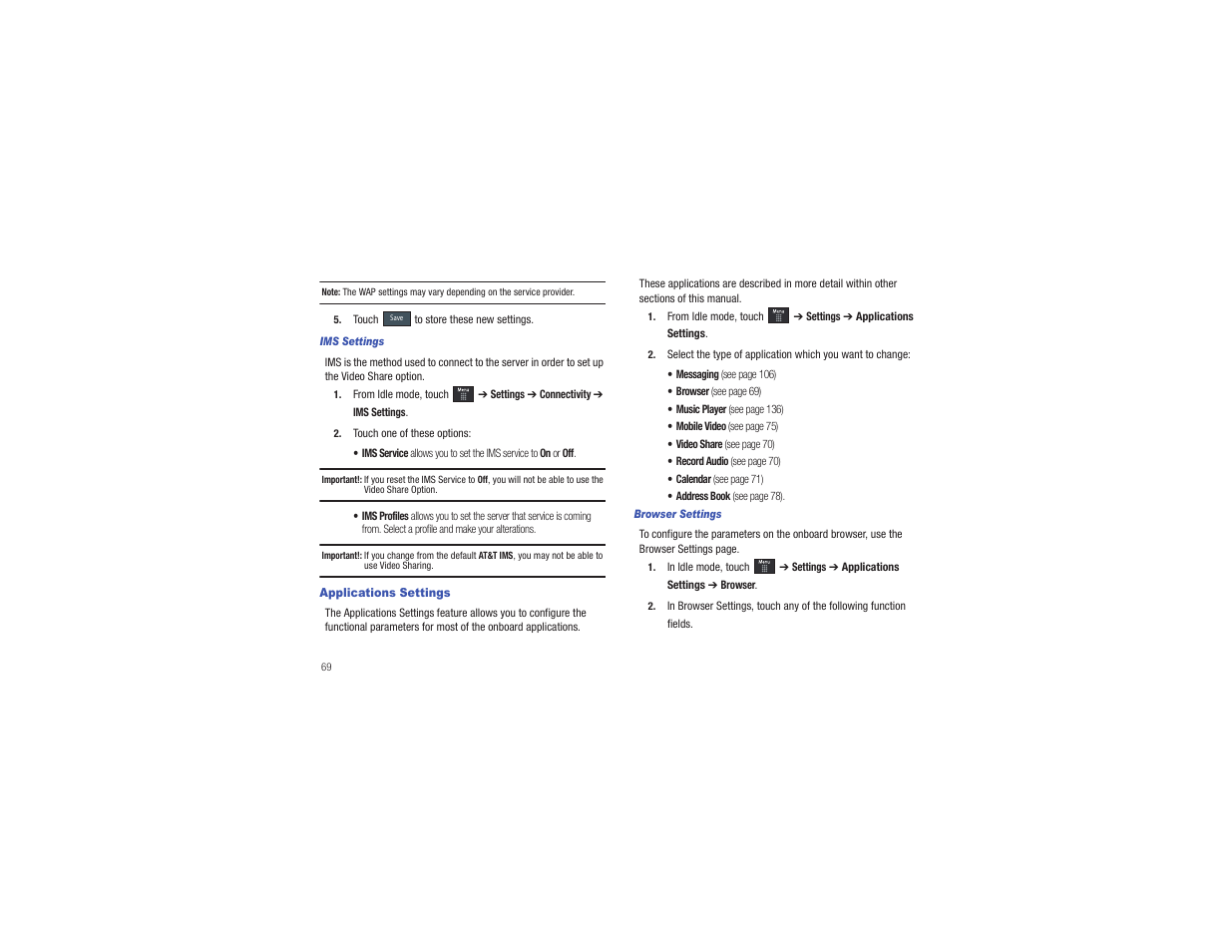 Applications settings | Samsung Eternity II SGH-A597 User Manual | Page 74 / 199