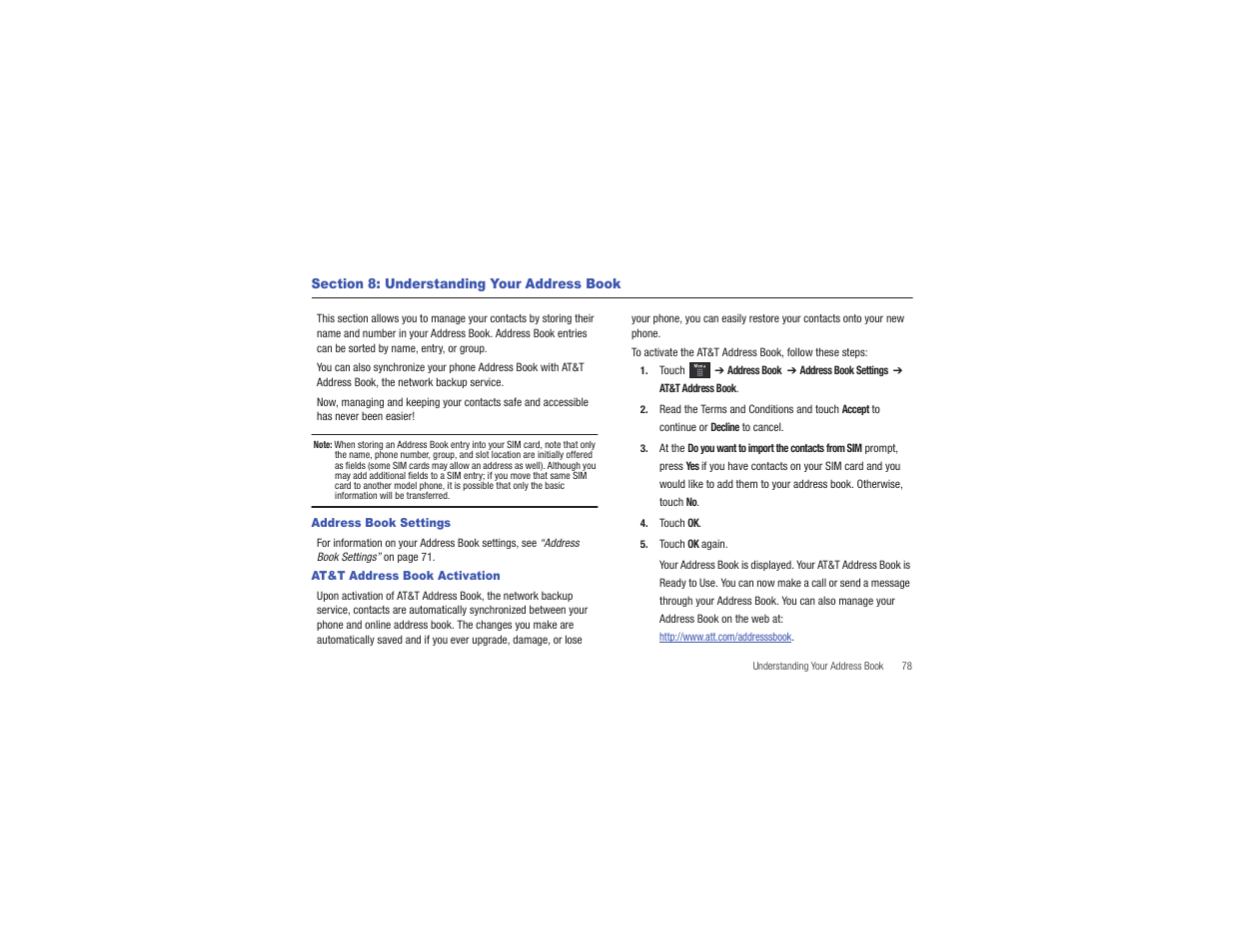 Section 8: understanding your address book, Address book settings, At&t address book activation | Address book settings at&t address book activation | Samsung Eternity II SGH-A597 User Manual | Page 83 / 199