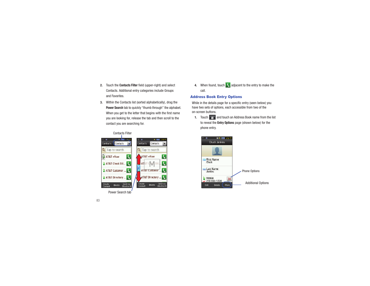 Address book entry options | Samsung Eternity II SGH-A597 User Manual | Page 88 / 199