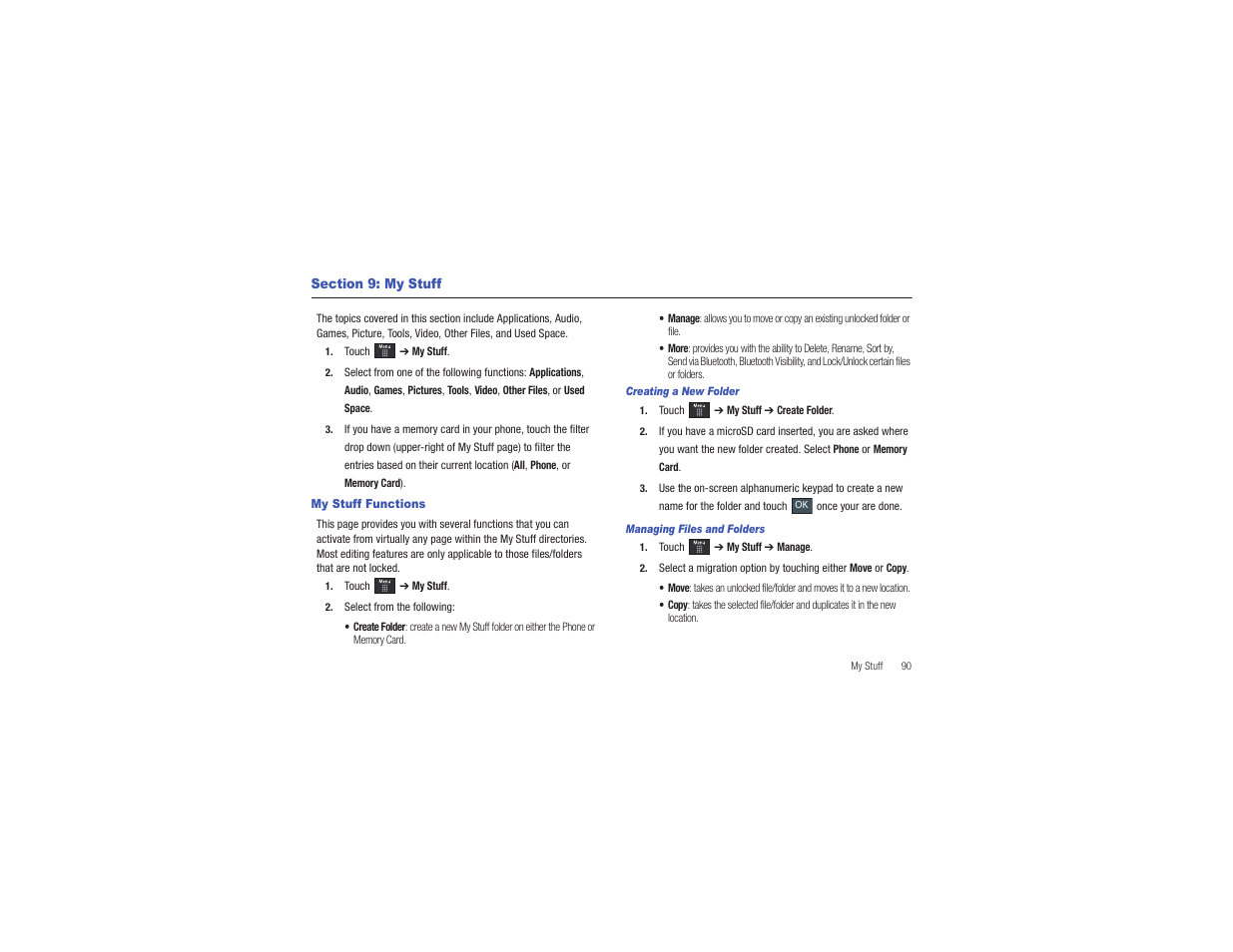 Section 9: my stuff, My stuff functions | Samsung Eternity II SGH-A597 User Manual | Page 95 / 199