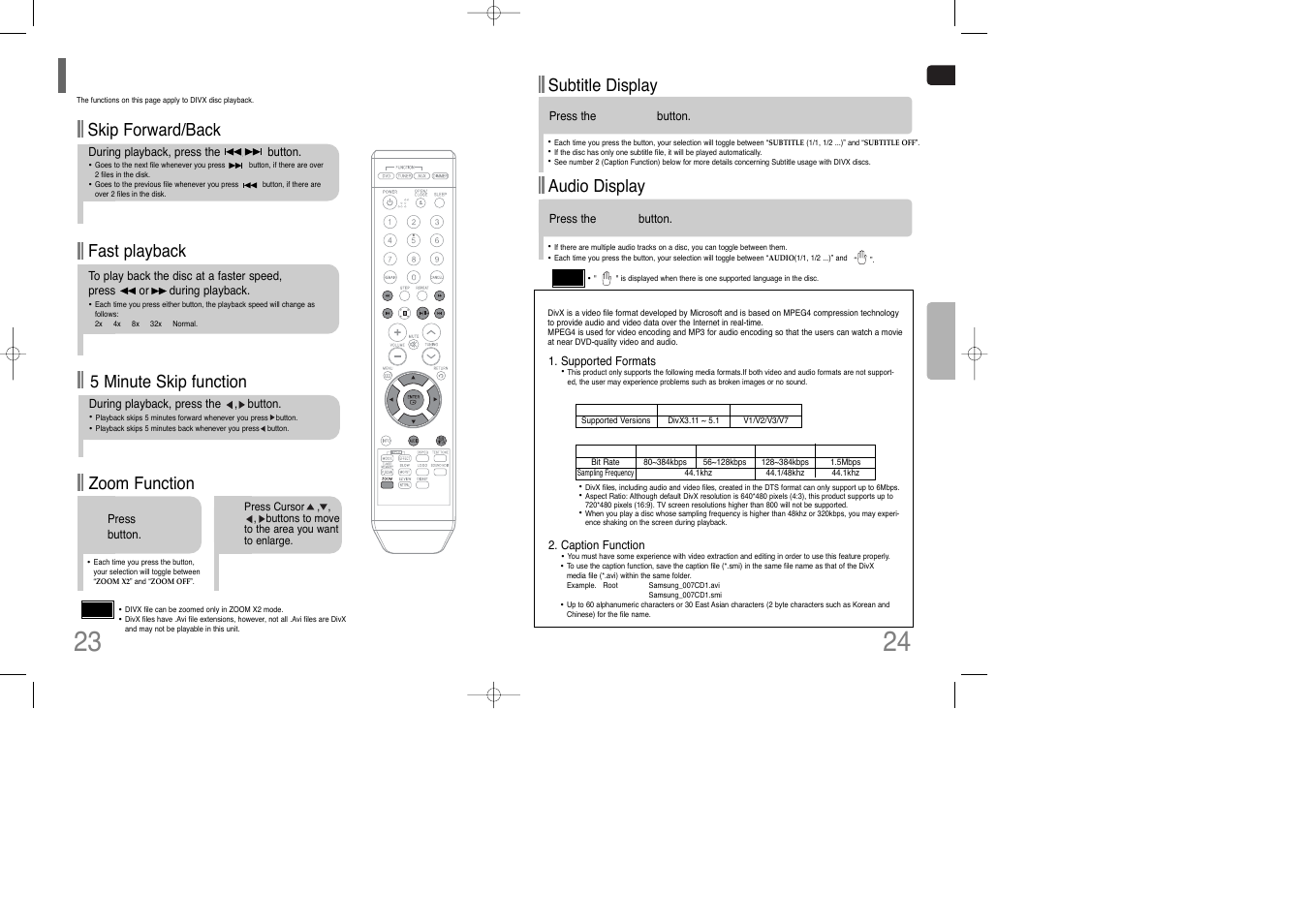 Divx playback, Subtitle display, Audio display | Fast playback skip forward/back, Zoom function, 5 minute skip function | Samsung HT-Q9 User Manual | Page 13 / 33