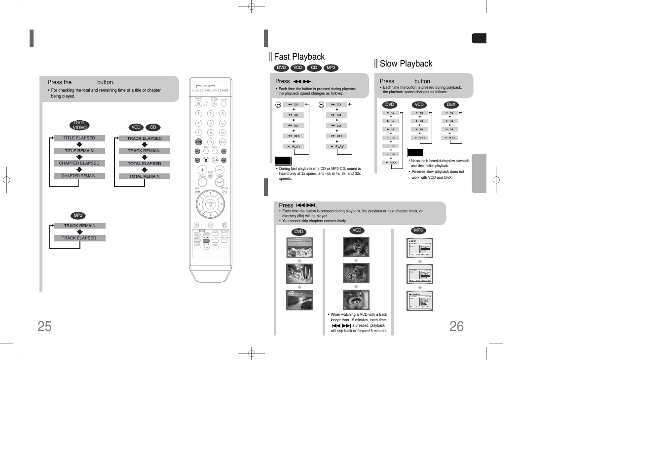 Checking the remaining time, Fast/slow playback, Skipping scenes/songs | Fast/slow playback skipping scenes/songs, 25 checking the remaining time, Fast playback, Slow playback | Samsung HT-Q9 User Manual | Page 14 / 33