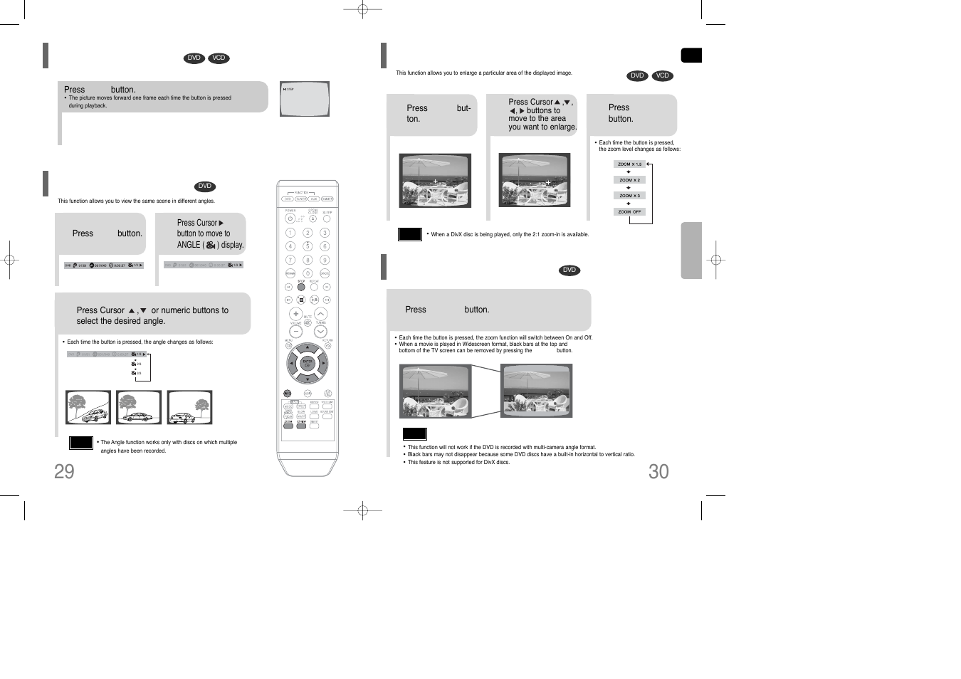 Step function, Zoom (screen enlarge) function, Ez view function | Zoom (screen enlarge) function ez view function, Angle function | Samsung HT-Q9 User Manual | Page 16 / 33