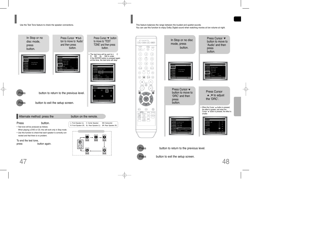 Setting the test tone, Setting the drc (dynamic range compression), Setting the drc | Dynamic range compression) | Samsung HT-Q9 User Manual | Page 25 / 33