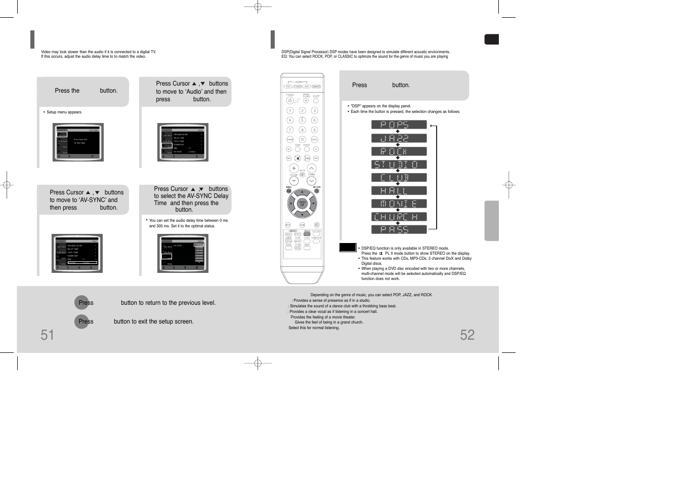 Av sync setup, Sound field (dsp)/eq function, Av sync setup 51 | Samsung HT-Q9 User Manual | Page 27 / 33