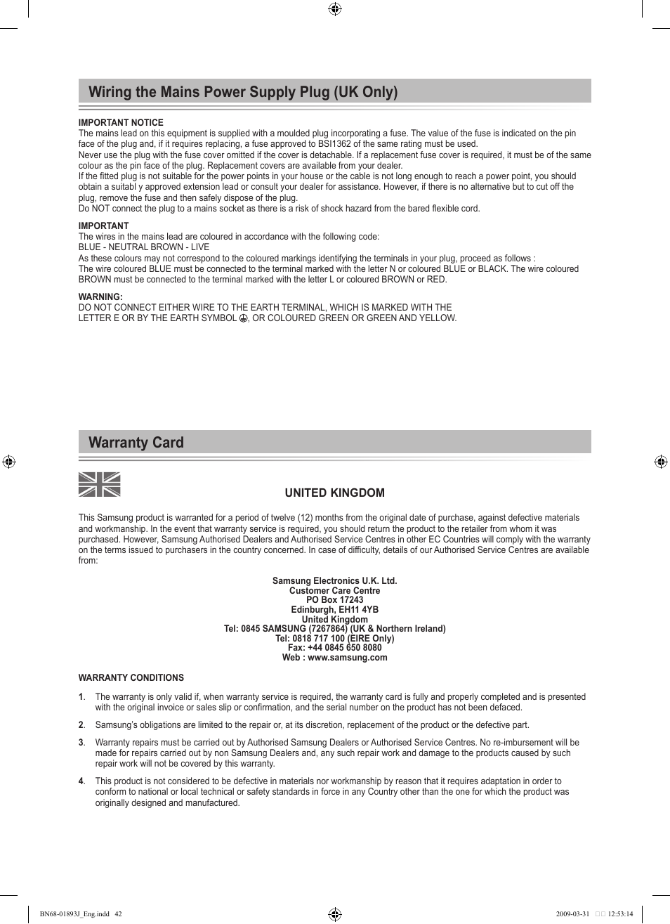 Wiring the mains power supply plug (uk only), Warranty card | Samsung WD1950 User Manual | Page 42 / 49