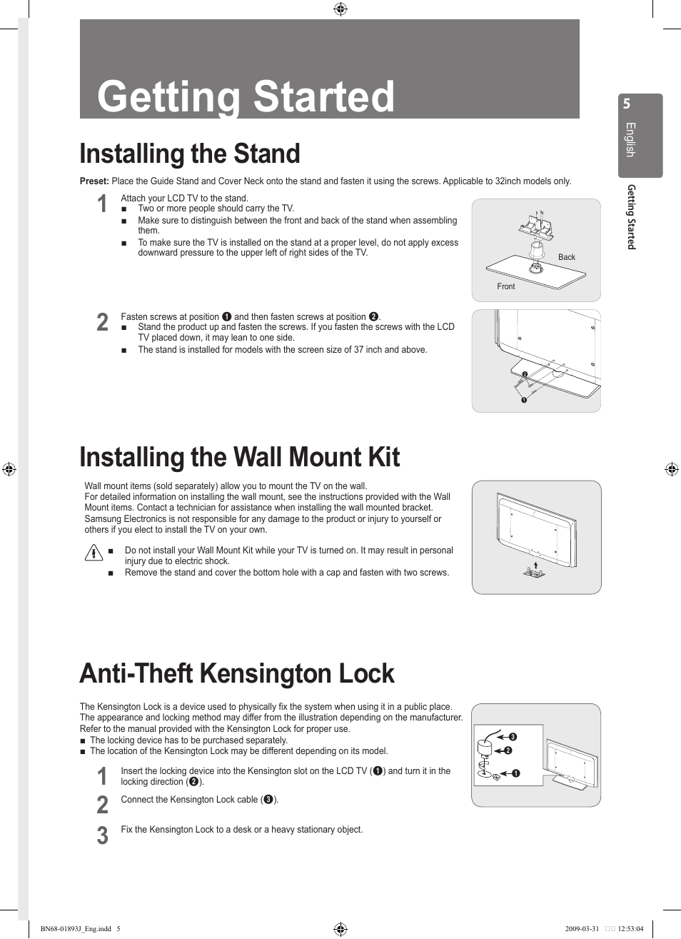 Getting started, Installing the stand, Installing the wall mount kit | Anti-theft kensington lock | Samsung WD1950 User Manual | Page 5 / 49