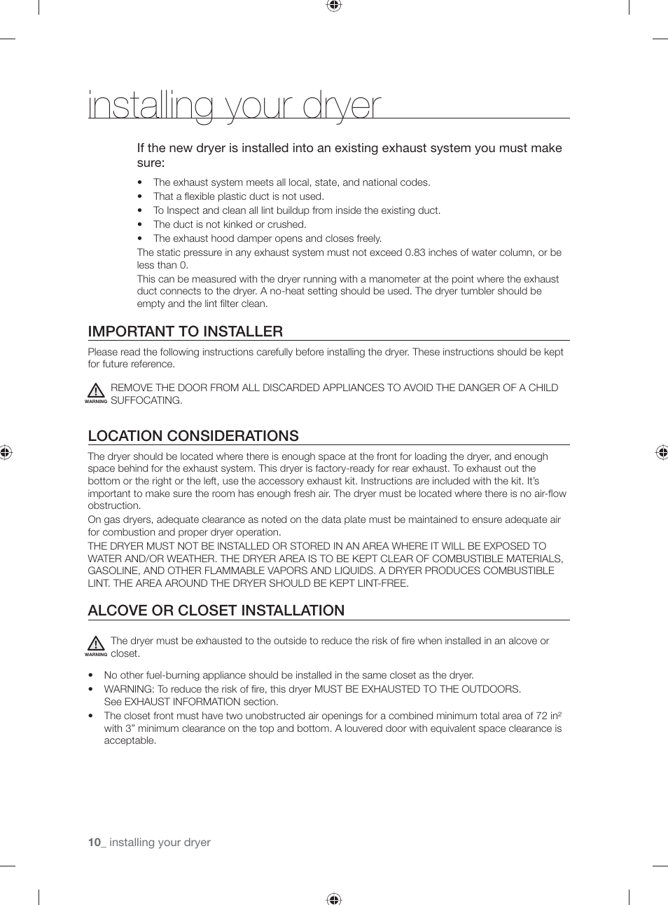 Installing your dryer, Important to installer, Location considerations | Alcove or closet installation | Samsung DV331AG User Manual | Page 10 / 40