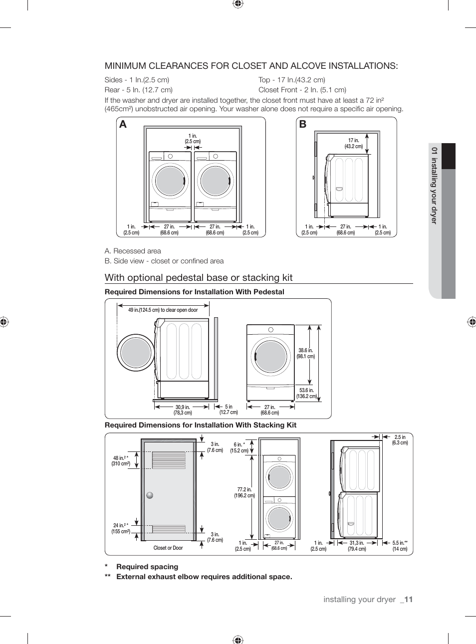 With optional pedestal base or stacking kit, Installing your dryer | Samsung DV331AG User Manual | Page 11 / 40
