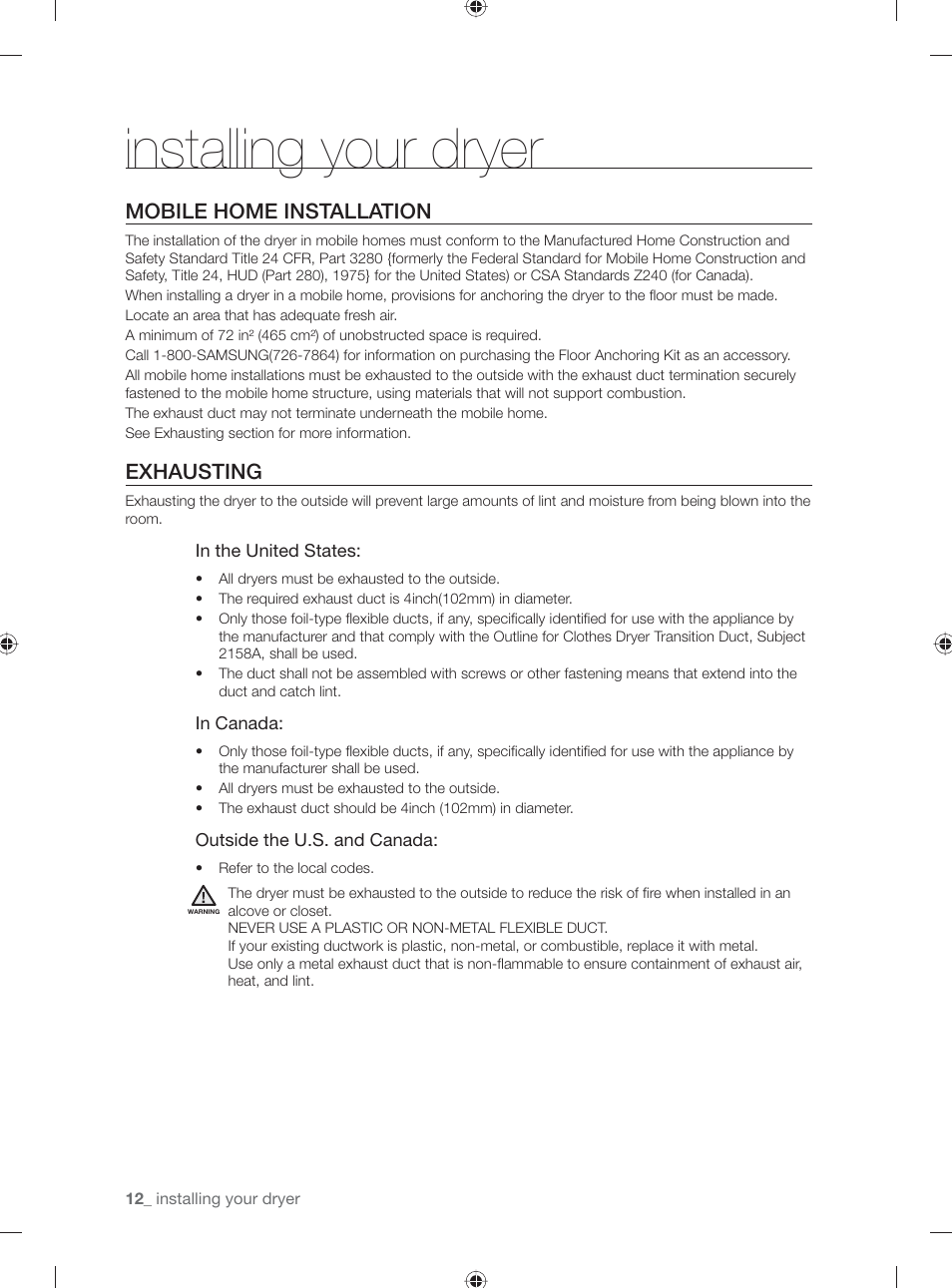 Installing your dryer, Mobile home installation, Exhausting | Samsung DV331AG User Manual | Page 12 / 40