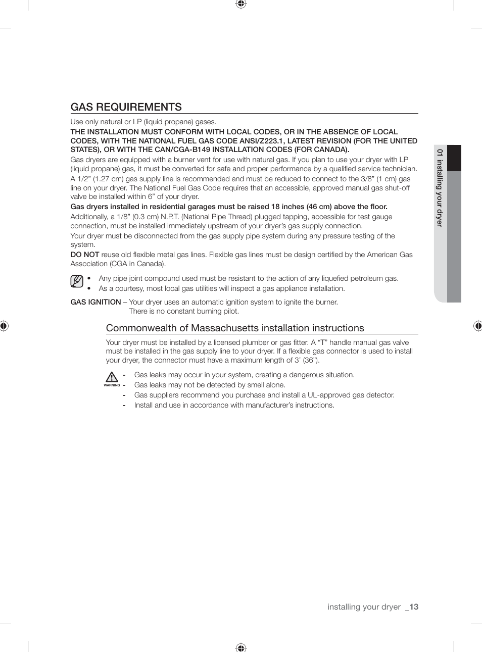 Gas requirements | Samsung DV331AG User Manual | Page 13 / 40