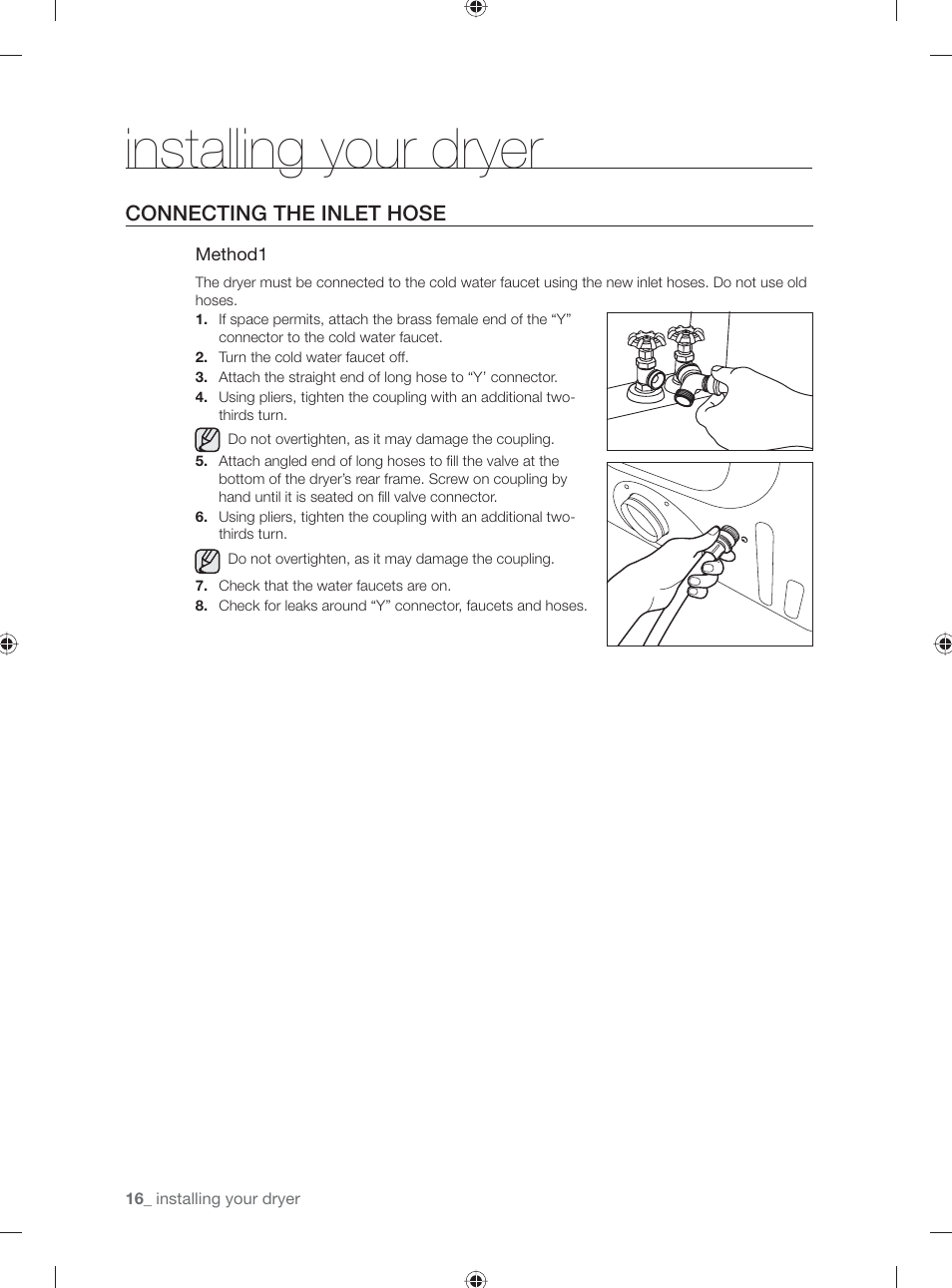 Installing your dryer, Connecting the inlet hose | Samsung DV331AG User Manual | Page 16 / 40