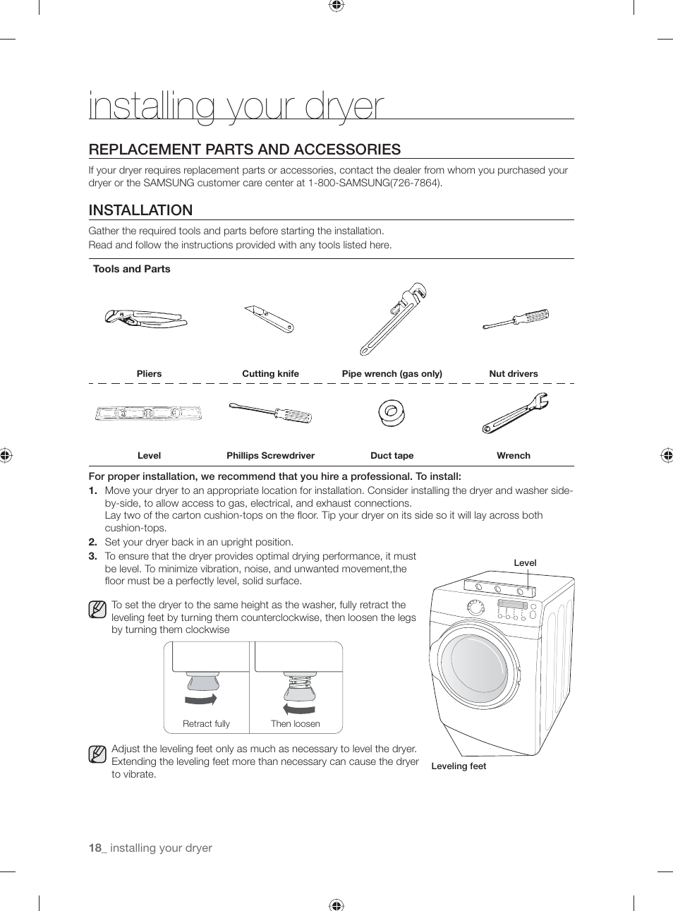 Installing your dryer, Replacement parts and accessories, Installation | Samsung DV331AG User Manual | Page 18 / 40
