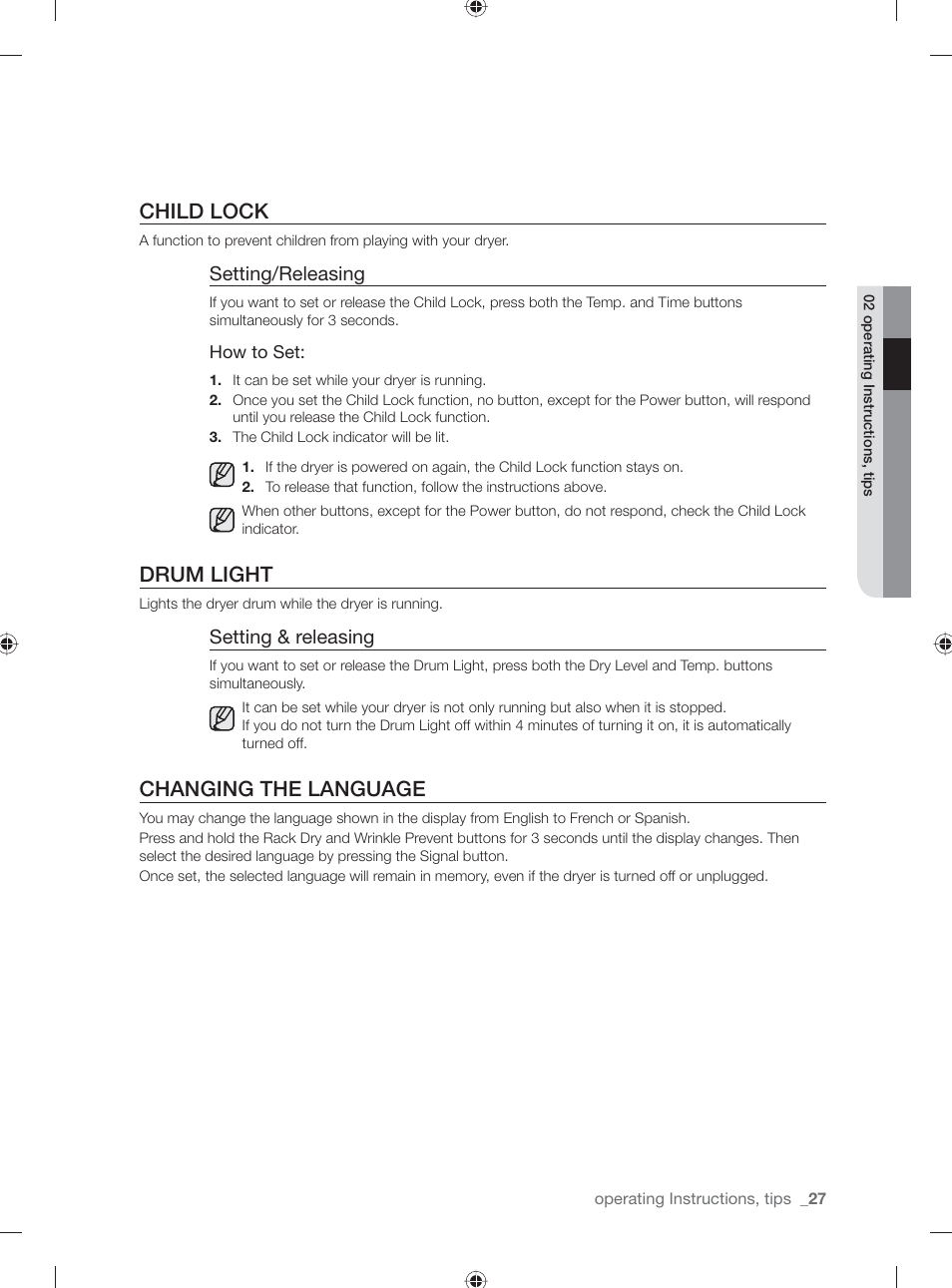 Child lock, Drum light, Changing the language | Setting/releasing, Setting & releasing | Samsung DV331AG User Manual | Page 27 / 40