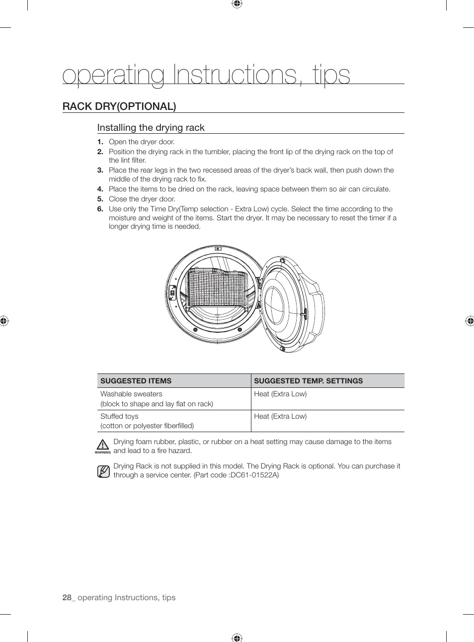 Operating instructions, tips, Rack dry(optional), Installing the drying rack | Samsung DV331AG User Manual | Page 28 / 40