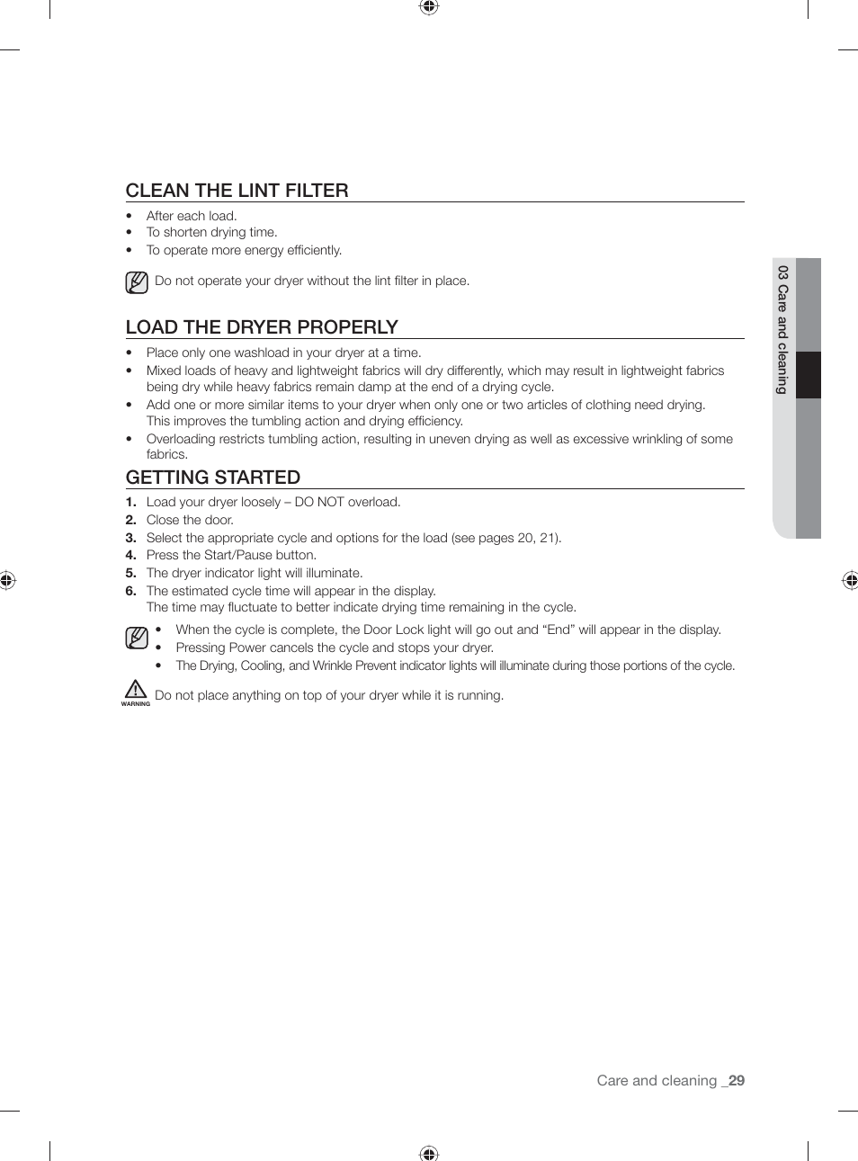 Clean the lint filter, Load the dryer properly, Getting started | Samsung DV331AG User Manual | Page 29 / 40