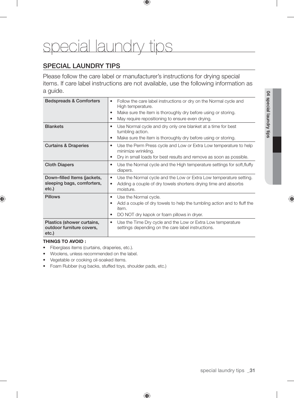 Special laundry tips | Samsung DV331AG User Manual | Page 31 / 40
