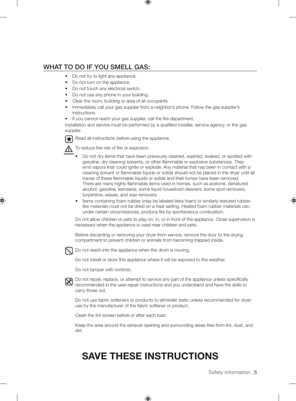 Save these instructions, What to do if you smell gas | Samsung DV331AG User Manual | Page 5 / 40