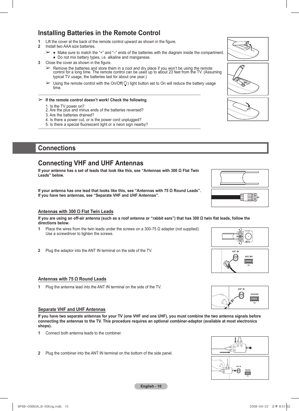 Installing batteries in the remote control, Connections, Connecting vhf and uhf antennas | Connections connecting vhf and uhf antennas | Samsung HL72A650 User Manual | Page 10 / 195